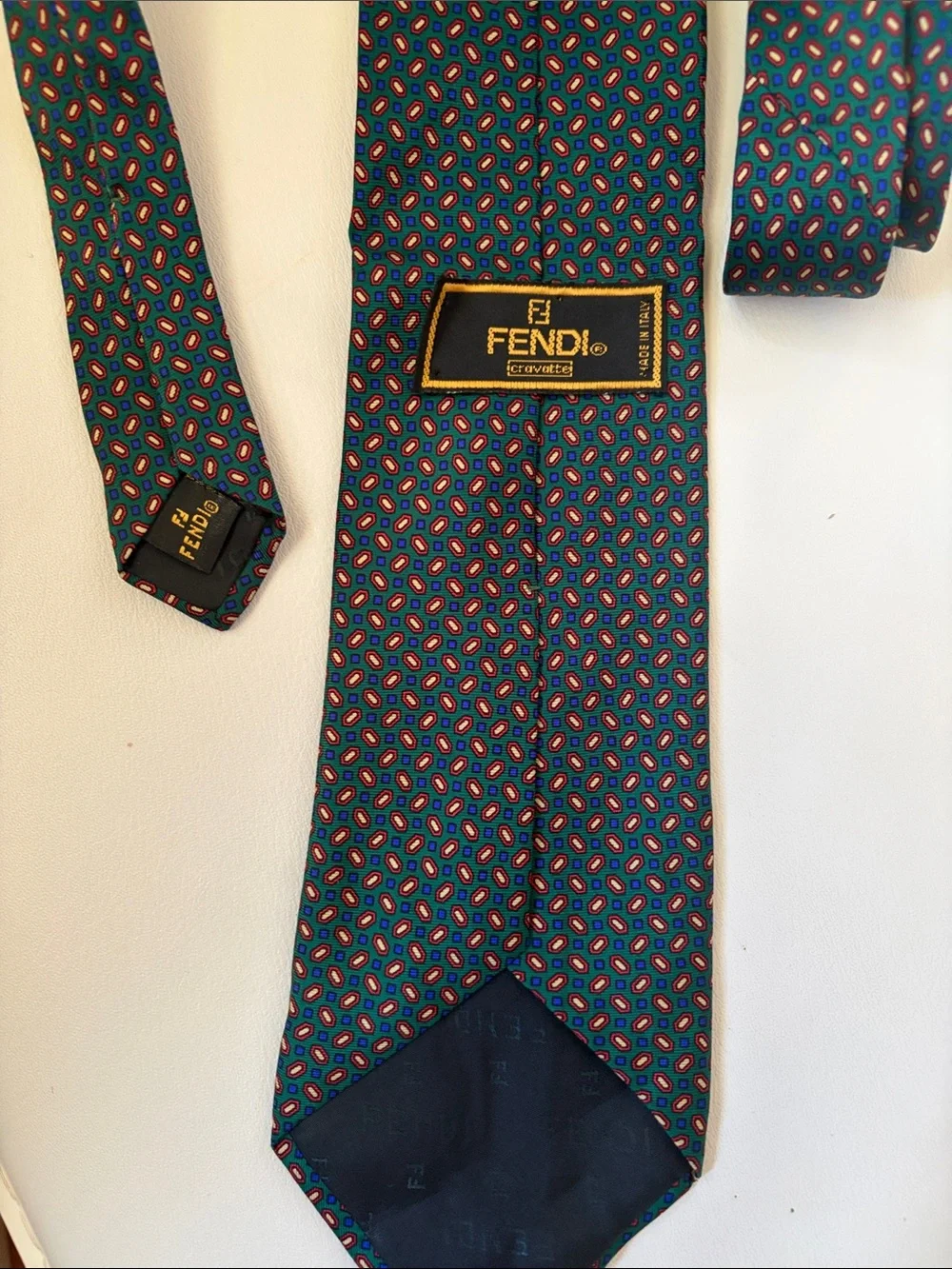 Fendi Teal Silk Tie with Blue and Red Geo Motif